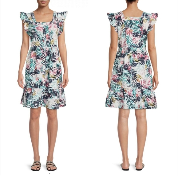 BEACHLUNCHLOUNGE Flutter Sleeven Linen Blend  Button Front Floral Dress SZ L - Picture 1 of 8